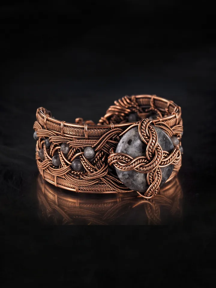 Copper wire wrapped larvikite bracelet Unique bangle 7th Wedding Anniversary