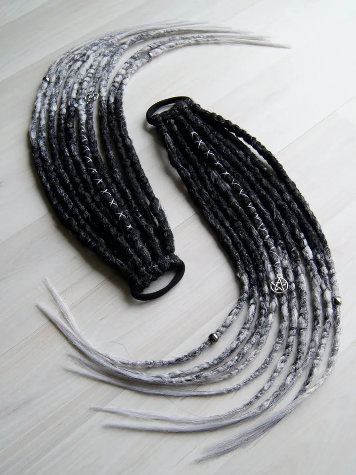 Dreads on hair tie Ponytail Black to Gray Synthetic Dreadlock Extensions Witch Goth hair Locks on elastic band