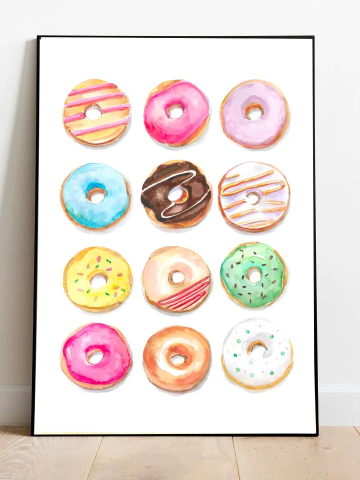Donuts Watercolor Illustration Colorful Wall Art Dessert Painting Kids Room Wall Art Breakfast Chocolate Cake Birthday Gift Donut Art Print