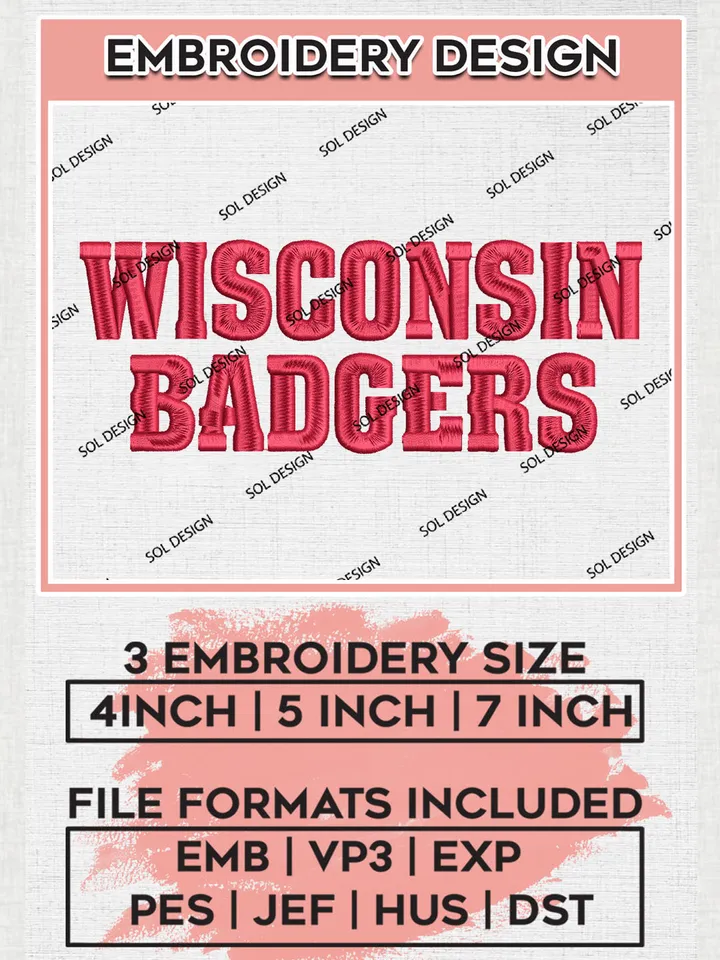 NCAA Wisconsin Badgers Team Wordmark Logo Embroidery Design Files, NCAA Wisconsin Badgers Machine Embroidery, NCAA Teams, 3 sizes, NCAA Machine embroidery designs, Digital Download