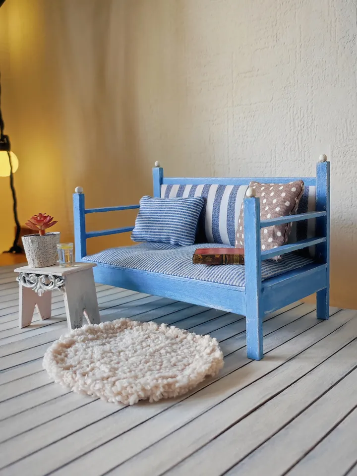 Dollhouse Furniture Set with Blue Sofa and Accessories for dolls scale 1/6
