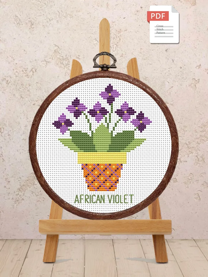African Violet Cross Stitch Pattern, Flower Cross Stitch Pattern, Embroidery African Violet, Flowers xStitch, Potted Flowers xStitch #flw003