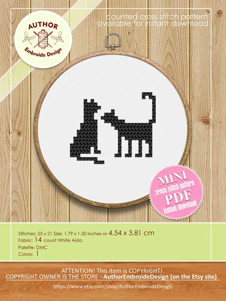 Small cross stitch pattern download PDF Mini black cat cross stitch chart, Quick beginner stitch Cat lover gift Cute animal cross stitch #K6