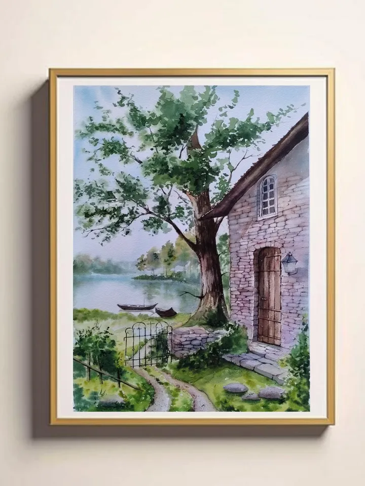 Original Watercolor Painting Landscape Art House by Lake Artwork 30x40 cm by SoftWaves