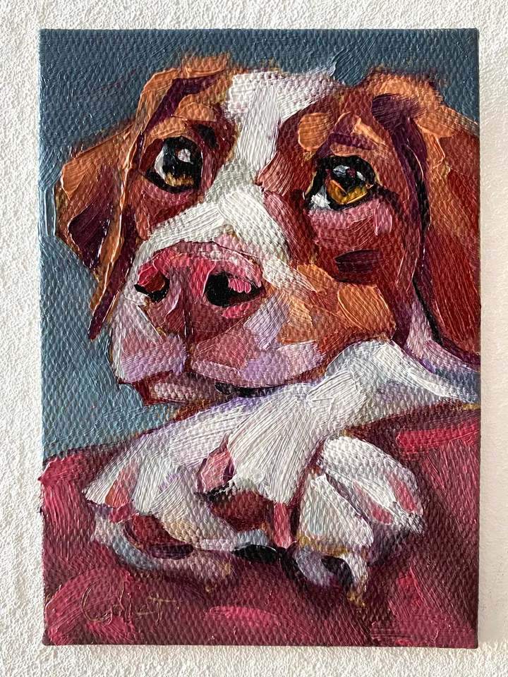 Dog oil painting original, Pet portrait artwork, Animal miniature wall art 4x6