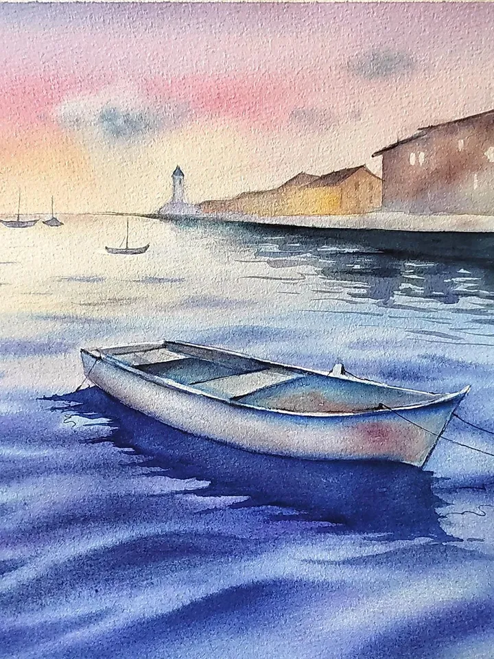 Sea Landsape Painting Original Watercolor Art Sea Sunset in Watercolor 10.62x15.35 in by Art Café