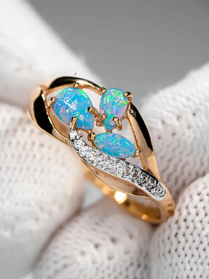 Ring Silver gold plated 925 assay value with opal