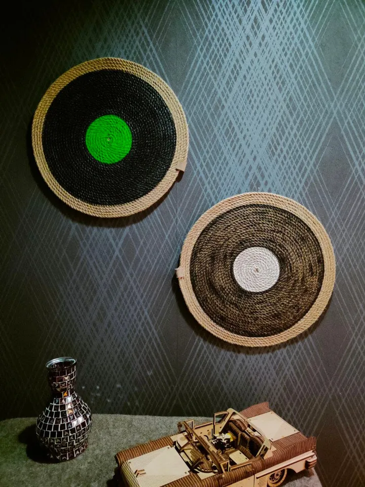 Round Jute Mat,Vinyl Record Shape,mug rug,Textile Wall Hanging,Cutlery Coaster Retro,placemat,Eco Mat,jute rope placemat,groovy party decor