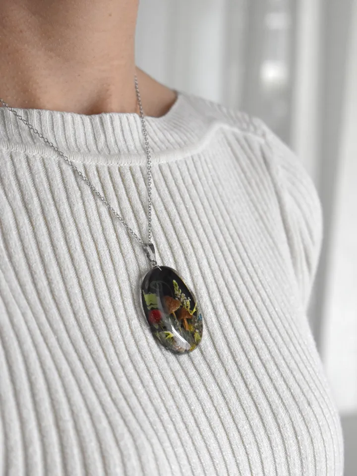 Real mushroom necklace. Pendant with a forest composition. Necklace with dried mushrooms in resin.