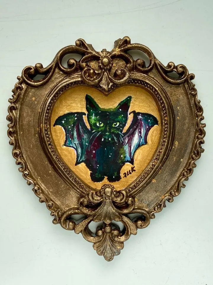 Bat Painting Small Framed Art Goth Painting Bat Gifts, Mini Gold Framed Decor, Cat Bat, Black Cat Art, Tiny Art Whimsigoth Decor