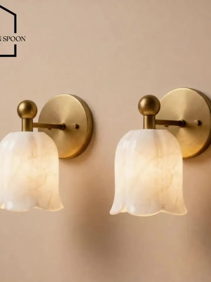 Natural Alabaster Wall Sconce – Modern Marble Cylindrical Copper LED Wall Lamp For Living Room, Bedroom, Hallway (Gold/Black Finish)