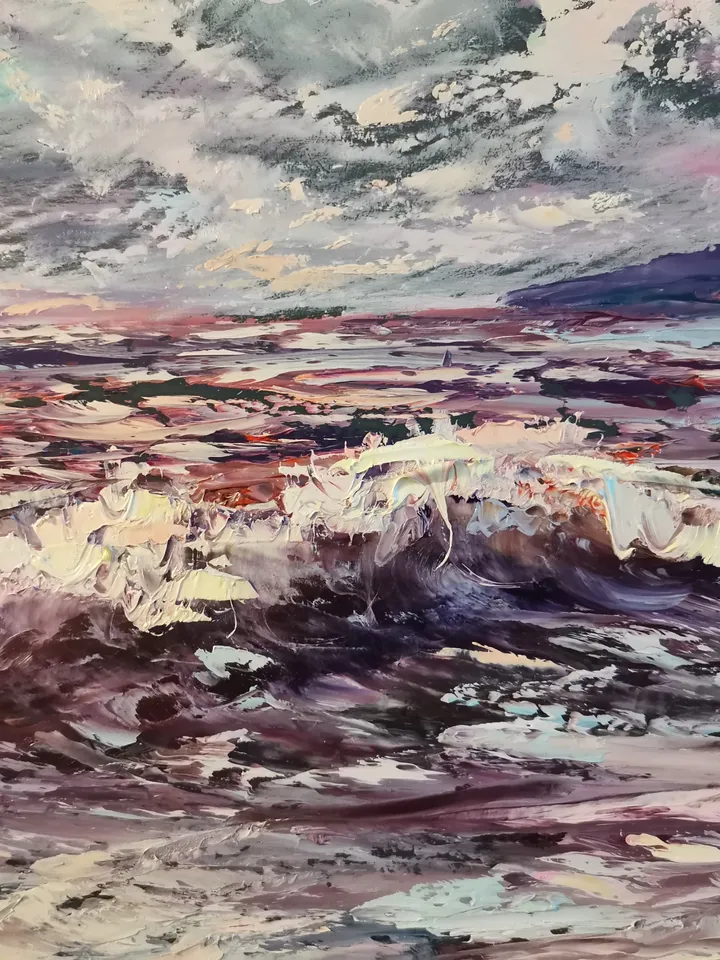 Moon Night Mountains Sea Wave Original Art Oil Painting Artist Svinar Oksana