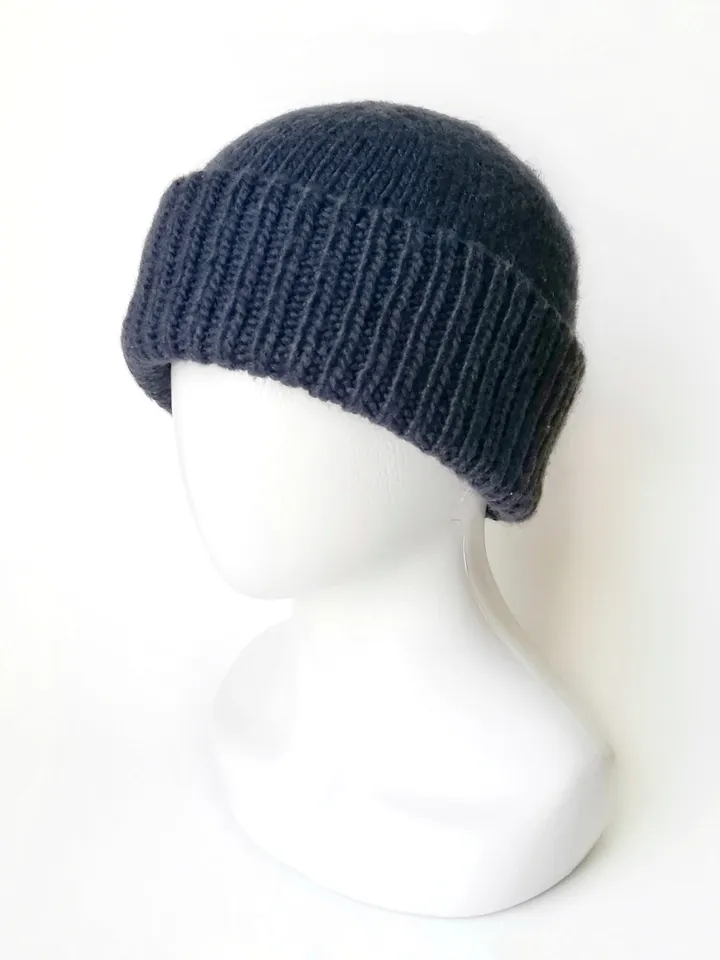 Handmade Alpaca Wool Seamless Blue Men's Winter Hat Warm and Cozy Handcrafted Knitwear, Fold-Up Cuff, Hand-Knit Beanie. FREE SHIPPING!