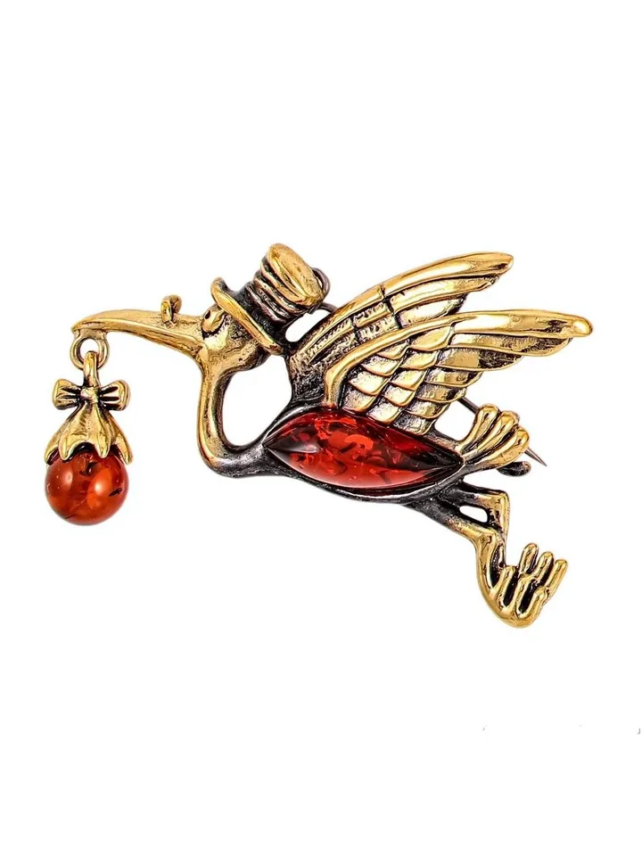 Stork Bird Brooch Amber Brooch Women Children Stork with Baby Cartoon brooch Fairy tale jewelry gift for sister friend