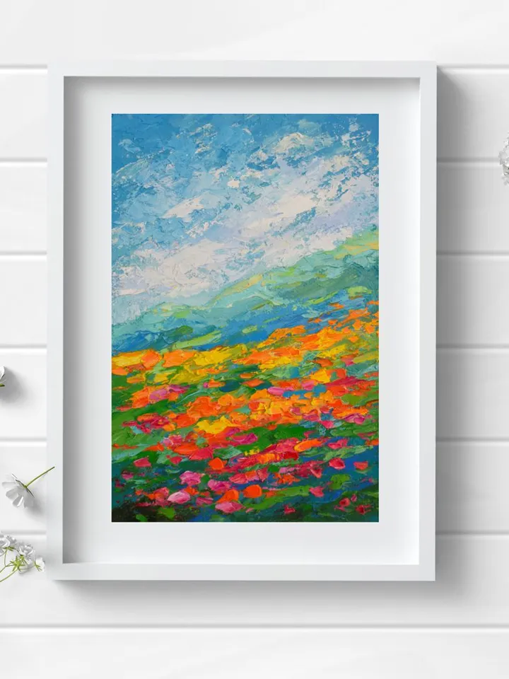 Poppy Painting Mountain Landscape Original Art 8 by 12 inch California poppies Art Wildflower Painting by Juliya JC