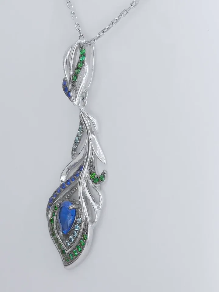 Women's neck pendant rhodium plated 925 sterling silver with cubic zirconia, Peacock Feather