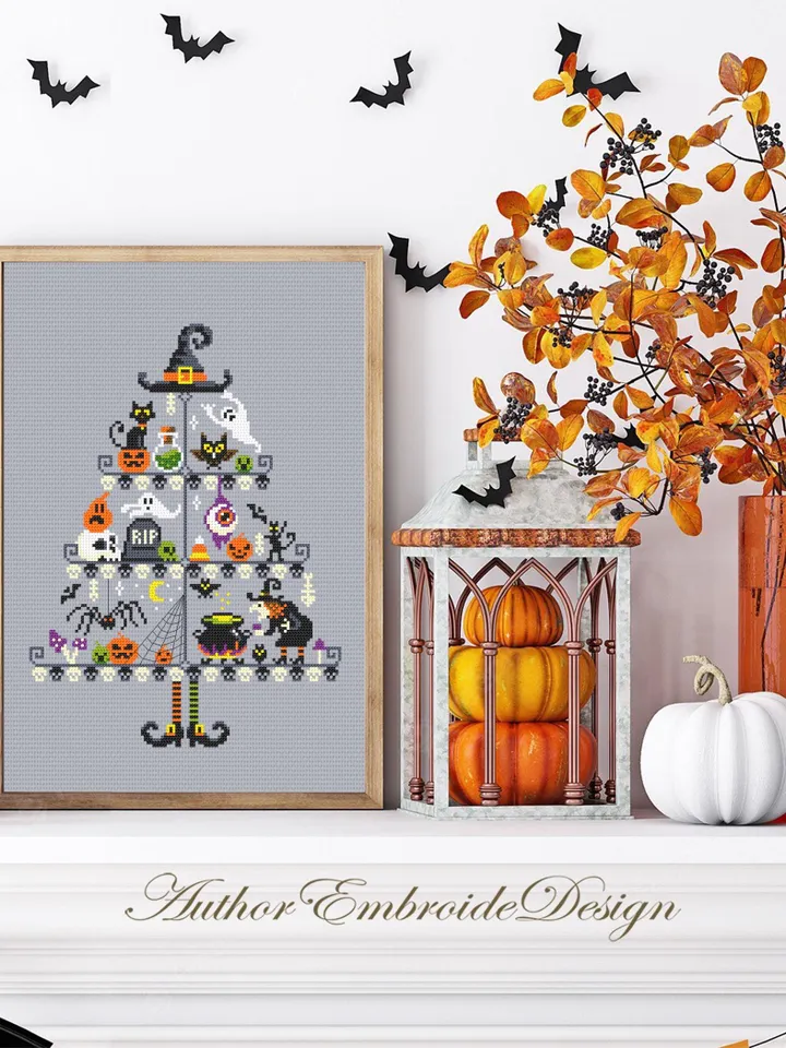 Halloween Christmas tree cross stitch pattern PDF download Witch cross stitch chart, Halloween pattern digital PDF Scary Christmas gift #H70