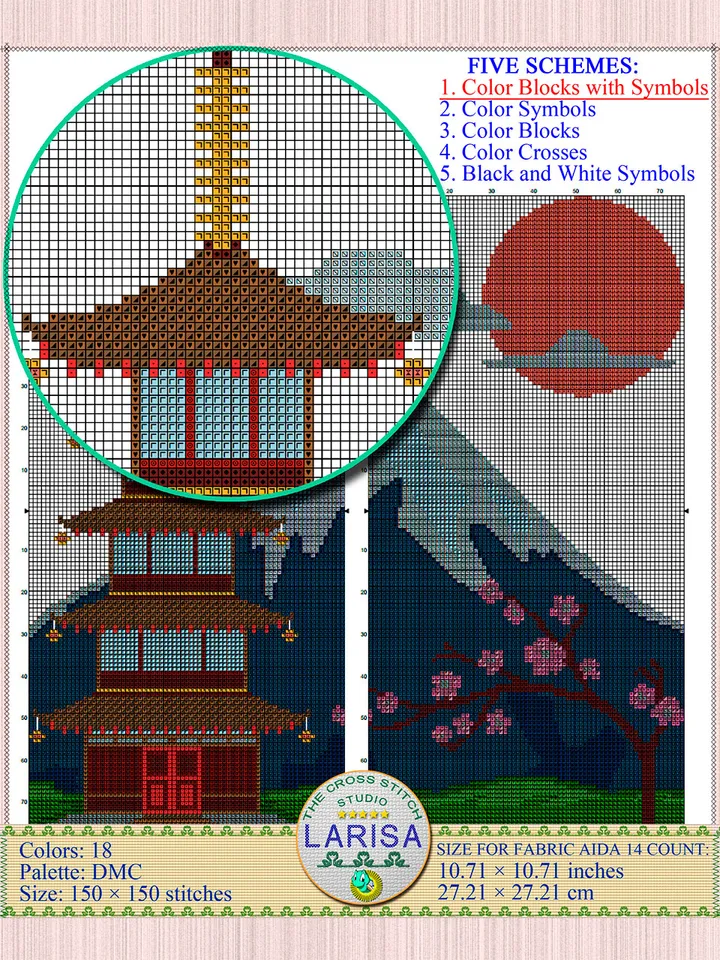 Pagoda Cross Stitch Pattern | Mount Fuji