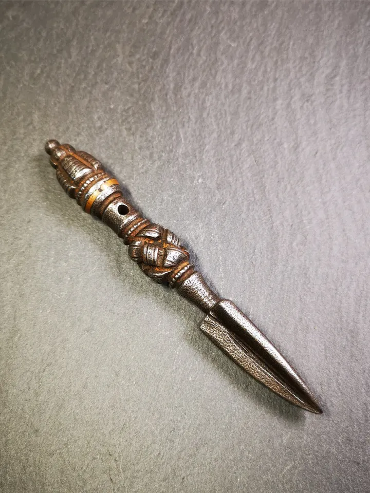 Gandhanra Handmade Tibetan Buddhist Ritual Implement - Kila -Dorje Phurba,Made of Cold Iron inlaid with Copper,5.1"