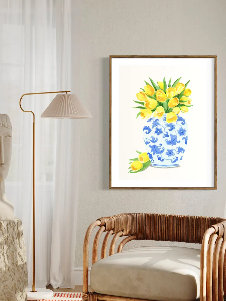 Chinoiserie Vase And Yellow Tulips, Blue White Ginger Jar, Flower Vase Painting, Vintage Chinoiserie, Ginger Vase, Apartment Decor, Print