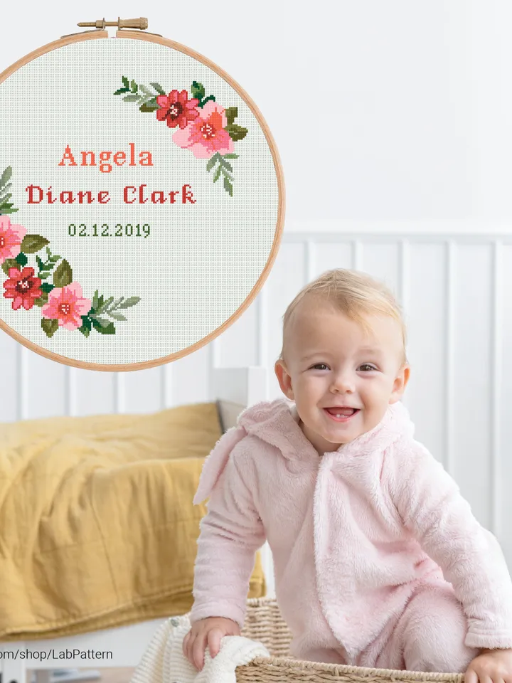 Floral Frame Bundle Birth announcement cross stitch pattern baby boy girl nursery decor counted chart gift DIY, embroidery, instant PDF