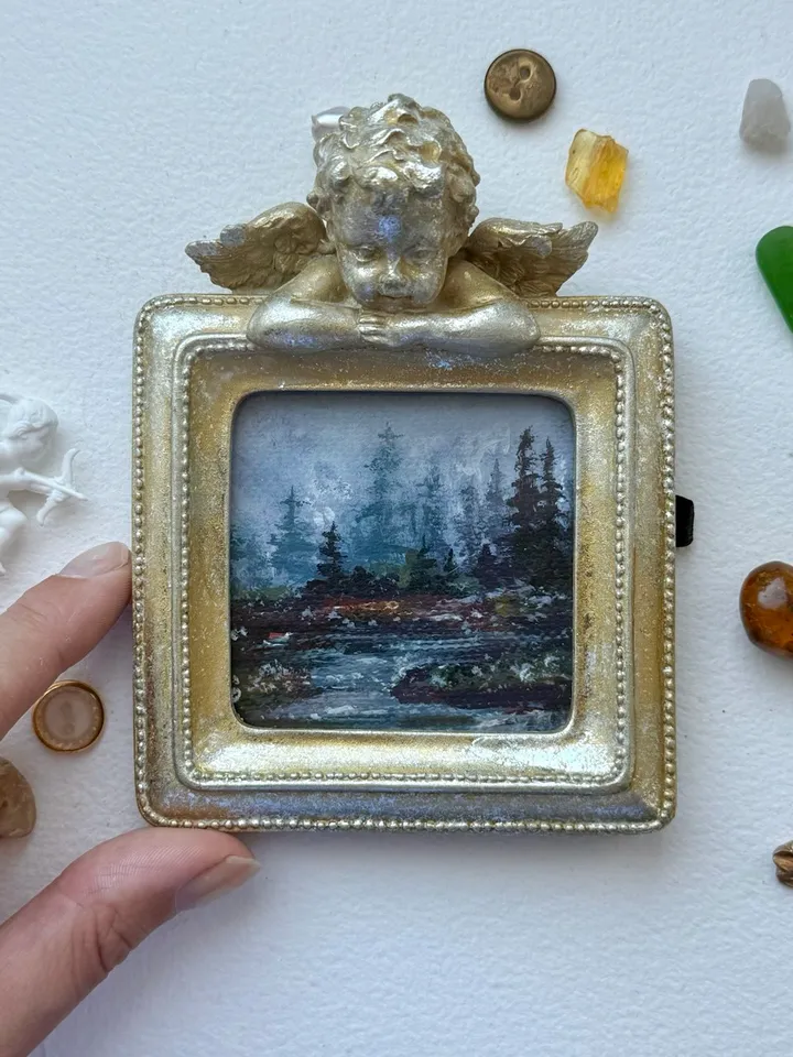 Small Landscape Oil Painting Framed Original Forest Artwork Antique Frame Moody Tiny Paintings 4 x 4 Art