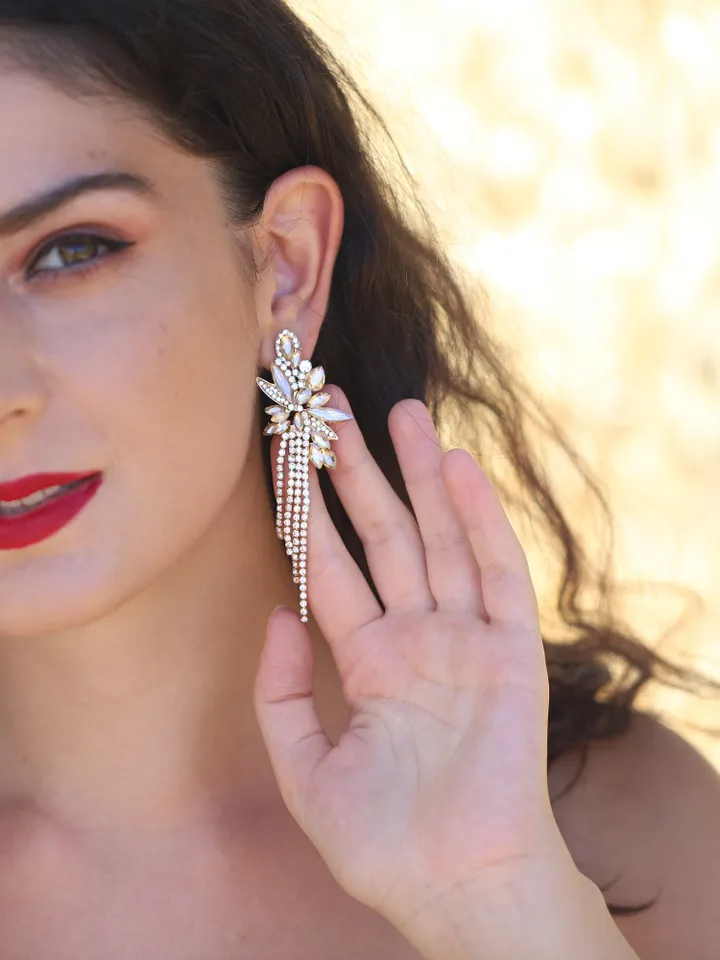 Champagne Gold Long Tassel Bridal Earrings, Fringe Earrings, Bridesmaid gifts, Floral Wedding Jewelry, Statement Boho Wedding Earrings,