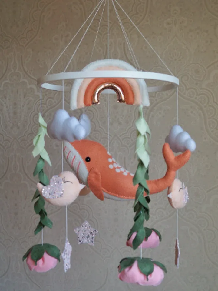 Whale mobile with rainbow and hanging flowers, ocean nursery for girl