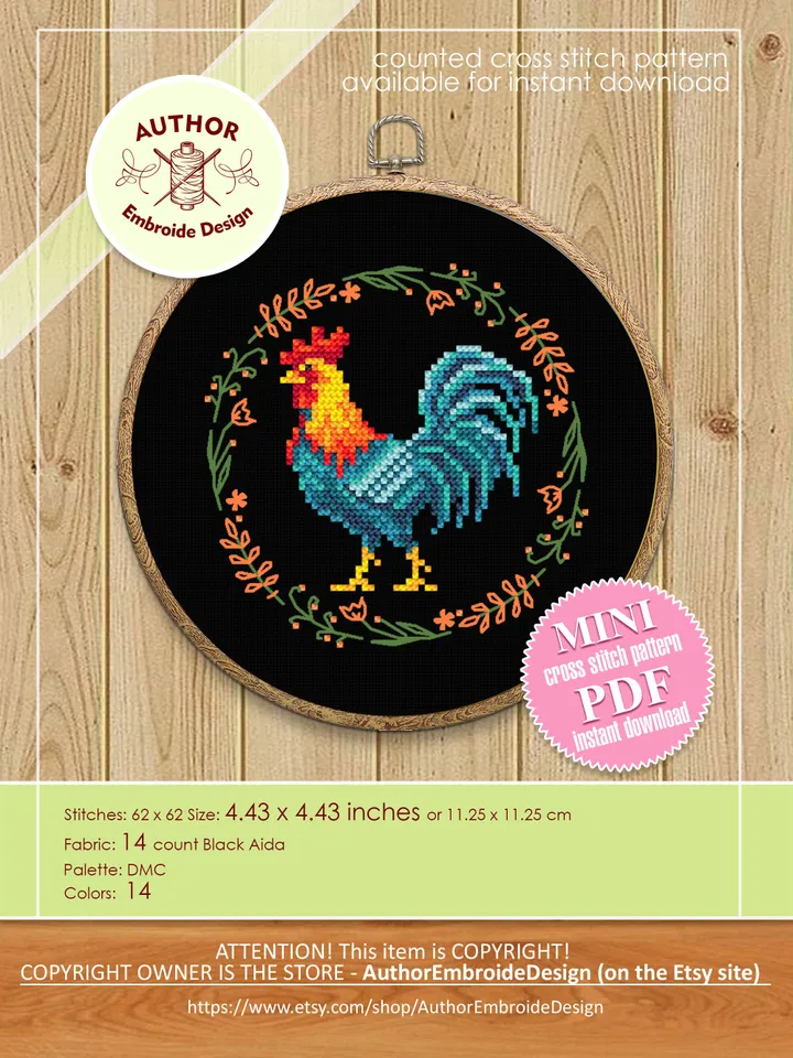 Rooster cross stitch pattern PDF download Floral chicken cross stitch chart Farm bird embroidery Mini Cock, Rooster pattern digital PDF #K33