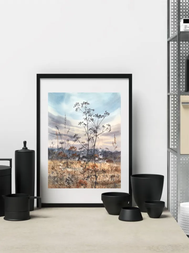 Meadow Original Watercolor Painting Field Landscape Wildflowers Art