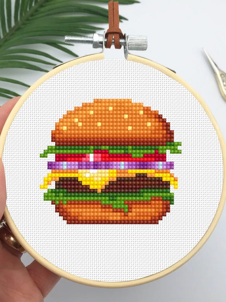 Burger small cross stitch pattern PDF Fast food cross stitch chart, Funny mini cross stitch Instant download PDF, Kawaii hand embroidery #F4