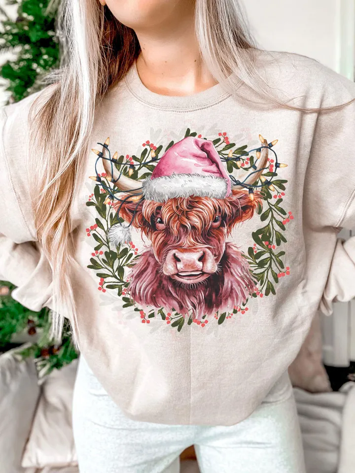 Highland Cow png,Christmas Lights PNG,Farm Animal Christmas PNG,Farmer Christmas png, Western png, Christmas png, pink country Christmas png