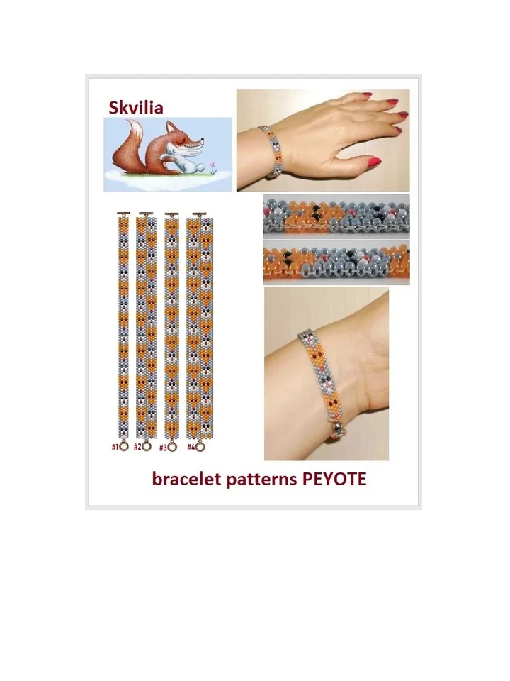 Flat Even & Odd Count Peyote Stitch Beading Patterns «Fox and Rabbit» Cuff Bracelets, Miyuki Delica or Czech beads Preciosa, Instant Download