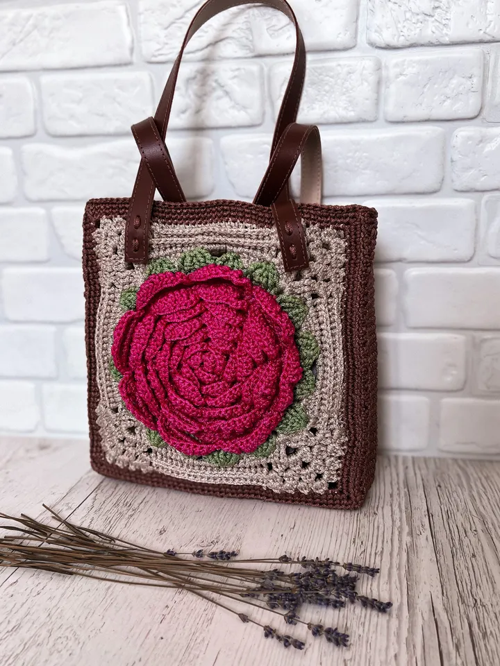 Tote bag with motifs, market bag, crochet tote, shopper, square bag, granny squares, cottagecore