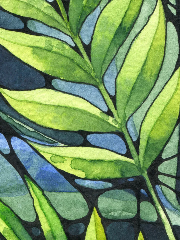Watercolor poster with abstract leaves , Watercolor digital file JPEG, Printable, Blue-green painting, Art print, Graphics