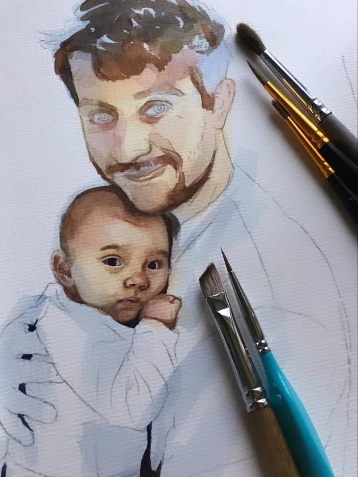 2 persons watercolor portrait from photo A4 size