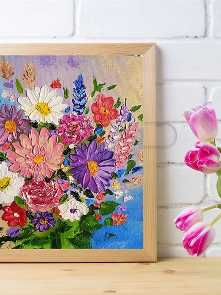 Oil Painting Bright Flowers Chamomile Roses Artistic Miniature Impasto 6 x 6 inc
