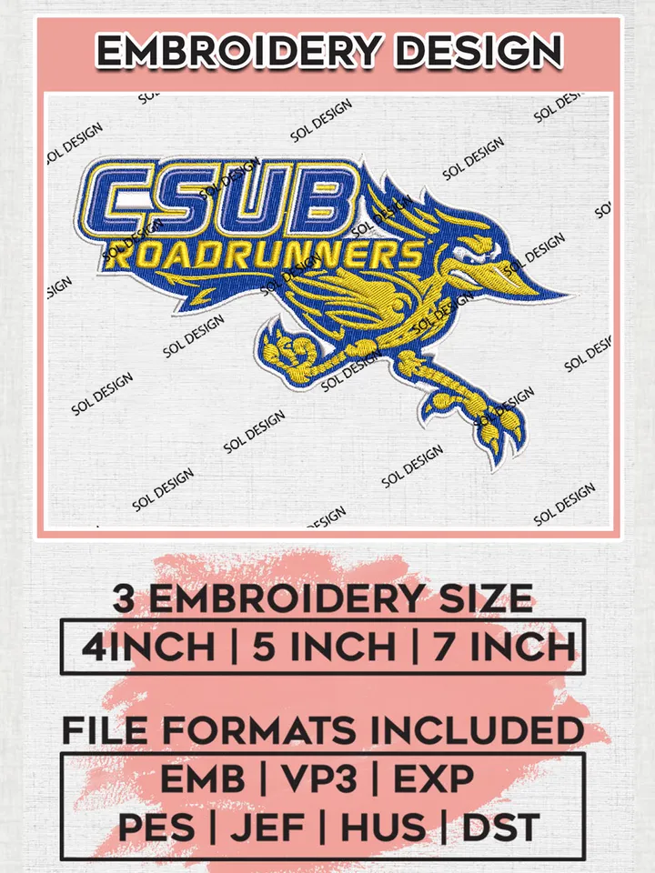 NCAA CSUB Roadrunners Team Mascot Logo Embroidery Design Files, NCAA Cal State Bakersfield Roadrunners Machine Embroidery, NCAA Teams, Game Day, 3 sizes, NCAA Machine embroidery designs, Digital Download