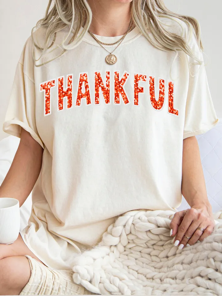 Thankful PNG Thanksgiving Faux Glitter Sequins Embroidery Letters PNG Thanksgiving PNG, Varsity Design, Fall Sublimation, Autumn Png Trendy