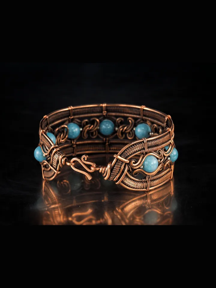 Copper wire wrapped aquamarine bracelet Unique bangle 7th Wedding Anniversary
