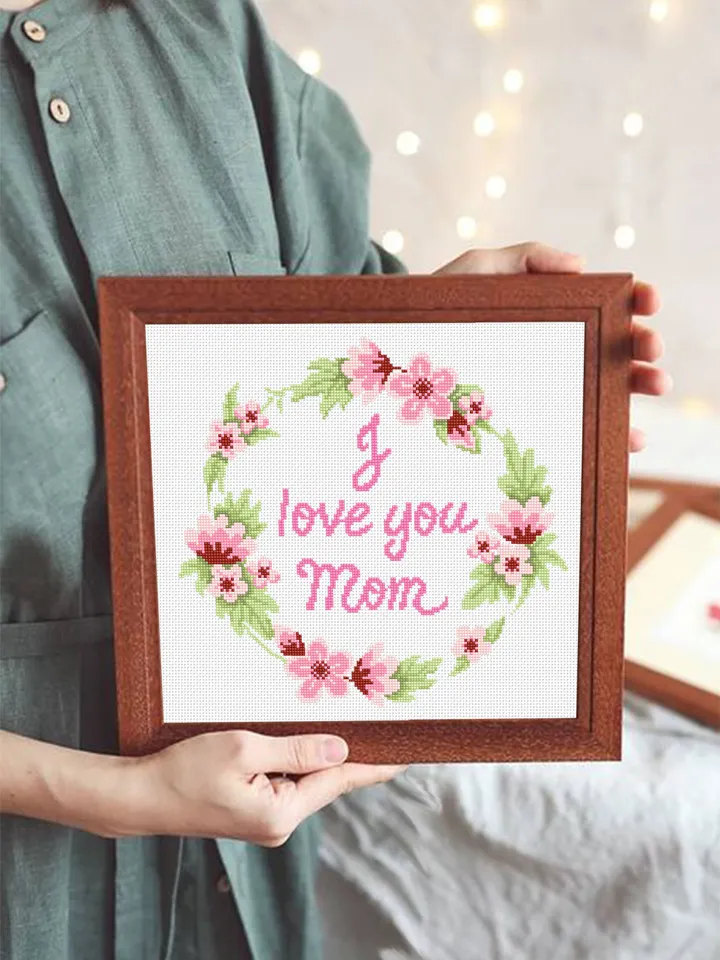 I love you mom cross stitch pattern download PDF Floral wreath cross stitch chart, Floral pattern digital PDF Framed quote cross stitch #Q49