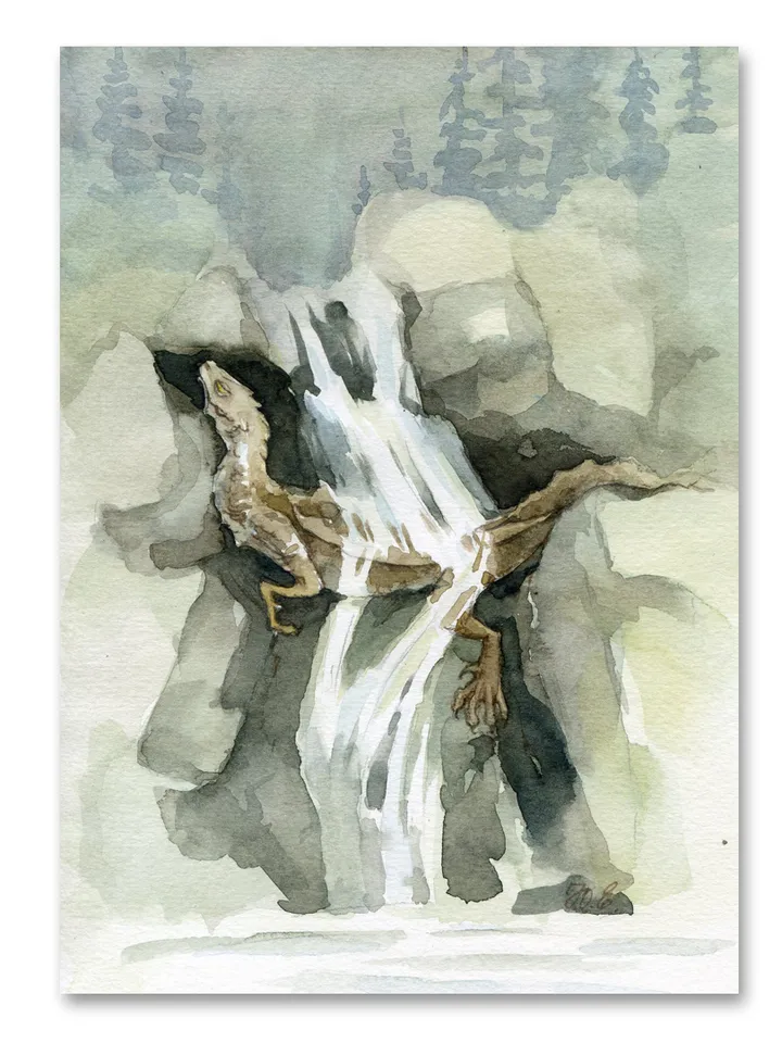 Small art Dragon waterfall Original fantasy painting by Yulia Evsyukova