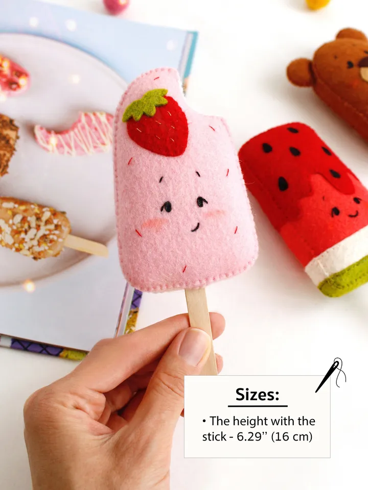 Felt ice cream popsicles hand sewing PDF tutorial with patterns. Pretend play food pattern. Montessori soft kitchen toys