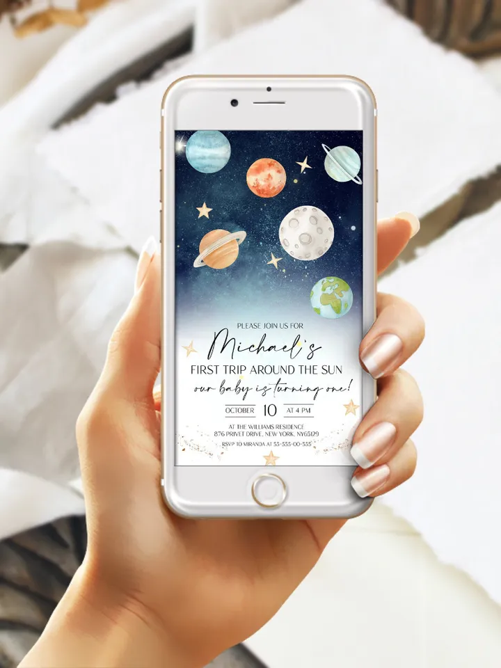 Editable First Trip Around the Sun Galaxy Blast Off Invitation Space Birthday Party Galaxy First Birthday Party Template Outer Space