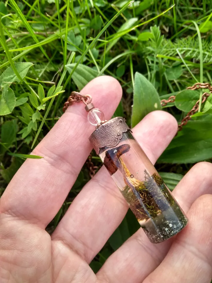 Magic mushroom necklace with green moss and Pyrite gemstone Resin pendant with mushroom Forest jewelry