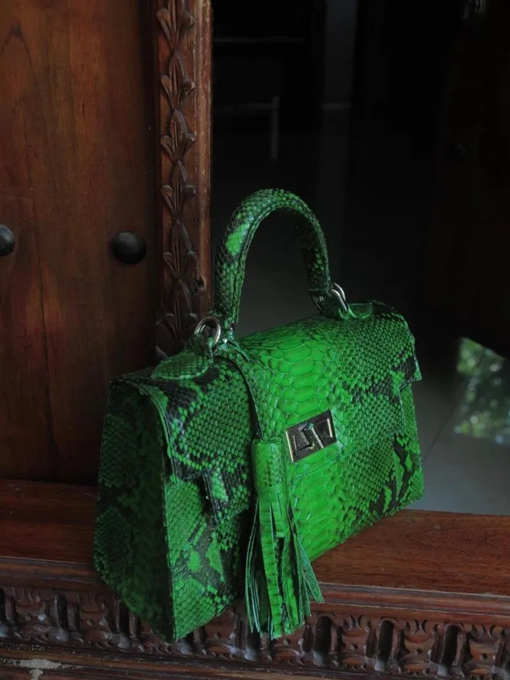 Top handle bright green classy genuine python skin bag | exotic leather bags | Elegant everyday women purse | snakeskin bag| designer bag