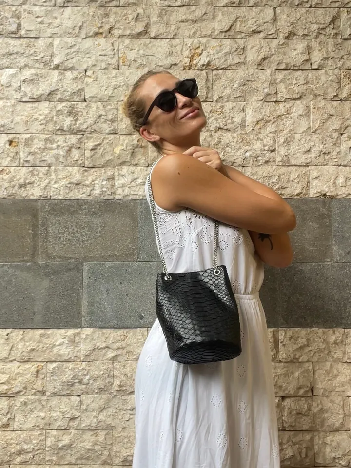 Genuine python skin bucket black chain bag / designer women purse / small soft sport bag / exotic leather bags free shipping | gift for her