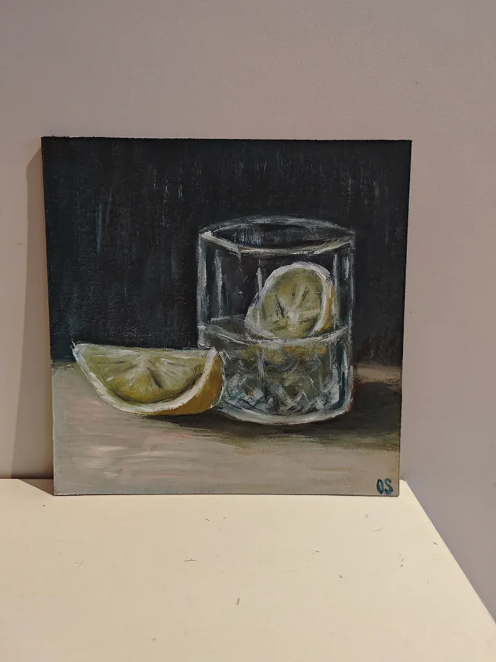 Lemon And Glass Original Painting Fruit Original Art Lemon In Glass Modern Artwork Piece Of Lemon And Glass Oil Painting Fruit Wall Art Decor 8 x 8 inches by OlgaSokolovaArt