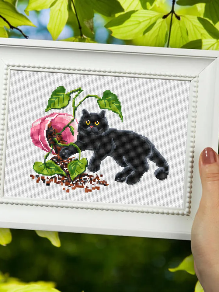 Set black cat cross stitch pattern PDF download House plants cross stitch chart, Funny cat pattern digital PDF, Cat lover gift #K48