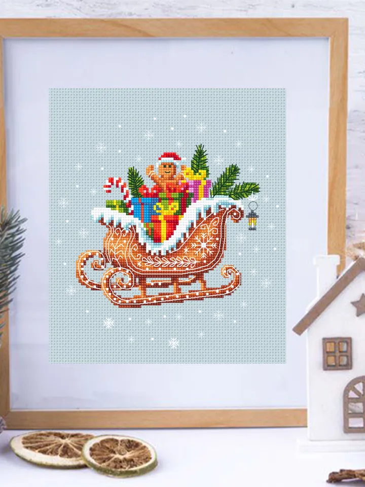 Christmas gingerbread sleigh cross stitch pattern PDF download Christmas presents cross stitch chart, Santa sleigh pattern digital PDF #N127
